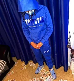 Herrspårspår Trapstar Man Set Chenille avkodad huva spårdräkt Bright Dazzling Blue White Trapstar Jacke Schwarz Breattable Design UU9135