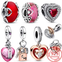 925 Silver Fit Pandora Oryginalne urok DIY Wiselanty Kobiety Bracelets Koraliki różowe Miłość Mocno Murano Glass Heart Dangle