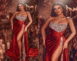 2022 Red Scoop Mermaid Evening Dresses Sleeeveless Sparkly Screengined Sexy Split Side Prom Gowns Plus Size Party Dress C02139949952