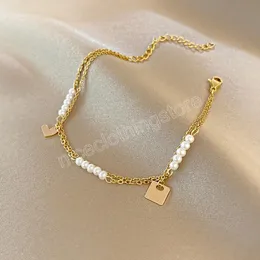 Gold Kolor Square Serce Urok Bracelets dla kobiet Pearl Beaded Chain Podwójnie warstwowy regulowany bransoletka akcesoria biżuterii