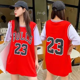 Camiseta feminina feminino mini vestido de tamanho grande camiseta de basquete oneck vestidos de verão correspondência básica harajuku impressão 230404