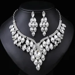 Luxury Gold Color Crystal Water Drop Bridal Jewelry Set Rhinestone Silver-Plated Wedding Dress Bankett Necklace Stud Earring Set