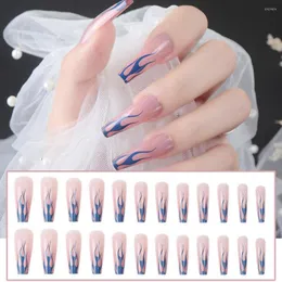 False Nails 24pcs Blue Flames Fake Long Flat Head French Style Artificial Removable Piça de unha acabada SANA889