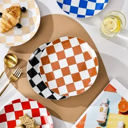 접시 창조적 인 프린트 세라믹 바둑판 패턴 고 부가가치 식당 홈 서부 얕은 접시 베이킹 도식 요리