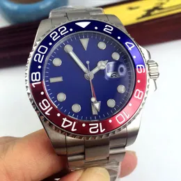 Wristwatches 40MM Blue Sterile Dial Sapphire Glass Date Luminous Rotating Bezel Steel Bracelet Red GMT Automatic Movement Men's Watch