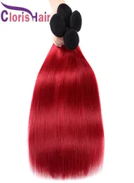 High Quality Colored 1B Red Human Hair Extensions Silky Straight Malaysian Virgin Ombre Weaves Cheap Two Tone Red Ombre Bundles De7260678