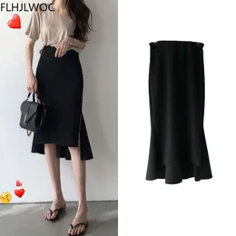 SKIRTS S Design Chic Korea Moda Mulheres Office Lady Lady Solid Black Iregular Cantura alta Túnica longa Flit Snit Salas de lápis 230404