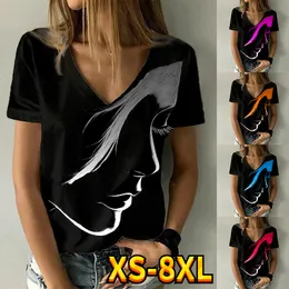 Camiseta feminina harajuku resumo impressão casual vneck manga curta camisa solta mulher 230404