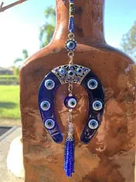 Klasyna smyczy l Lucky Blue Horseakhoe wiszący ornament z kryształowym złym okiem i koralikiem Ochrona Błogosławieństwa Siła Moc Home/ Amb7m