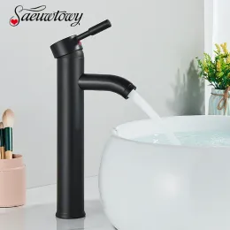 Black Short or Tall Basin Faucet Deck Mounted Single Holder One Hole Hot Cold Mixer Tap Stainless Steel Material