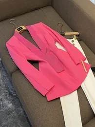 2023 Autumn Hot Pink Solid Color Hot Drilling Backless Blazers Black Long Sleeve Lapel Neck Classic Outwear Coats O3N022602