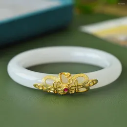 Bangle Natural White Jade Round Armband Kvinnor Läkande ädelsten Fina smycken äkta Hetian Jades Nephrite Bangles Ladies Gifts