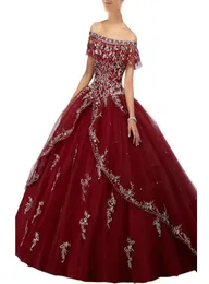 2019 Burgundy Sweet 16 Quinceanera Dresses Long Cheap Ball Gown Prom Dress Girls Off shoulder Sliver Embroidery Vestidos 15 anos8488120