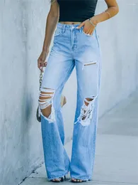 Kvinnors jeans 2024 vår sommaren hög midja rippad mode lös vintage denim breda ben pants street hipster byxor