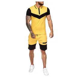 Koşu kıyafetler erkek kıyafetler seti yaz renk eşleşen yaka kısa kollu şort spor takım elbise rahat moda 2 parçalı eşofman sweatshirt