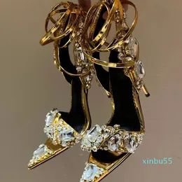 Kvinnor klädskor Metallisk kristall utsmyckad fotled-slips sandaler stilett klackar fest kvällskor öppen tå kalv spegel läder lyxiga designers