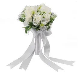 Fiori decorativi Bouquet da sposa bianco per la sposa Damigella d'onore Rose di seta Decorazione artificiale Mariage Accessori per feste