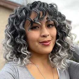 Gray human hair wigs with bang fringe salt and pepper silver grey wig crochet braids 14inch 150%density none lace machine made wigs softly