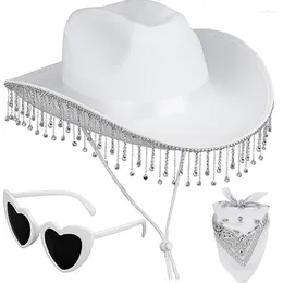 Boinas Cosplay Sombrero de vaquero para mujer WesternStyle Top Pañuelo Bufanda Corazón Gafas de sol Despedida de soltera Accesorio de disfraz 57BD