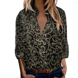 Women's Blouses Luxury Women Long-Sleeved Lapel Single-Breasted Casual Top European Baroque Tribal Retro Gold Graphic Design Black Bottom