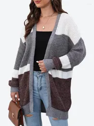 Женский вязаный кардиган Benuynffy, осень-зима 2023, повседневный вязаный свитер с длинными рукавами и V-образным вырезом, цветных блоков, пальто для женщин