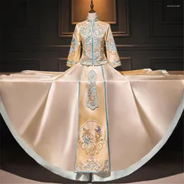 Etnisk kläder Champagne kinesiska par Tang Suit Cheongsam Traditionella paljetter Pärlade broderier Qipao Oriental Wedding Dress Robe Vestido
