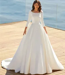 Prinzessin Hochzeitskleid mit Dreiviertel-Ärmeln, U-Ausschnitt, Satin, Strand-Brautkleid, schlicht, A-Linie, bescheiden, Vestidos de Noiva