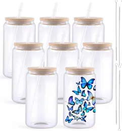 USA Warehouse Ship in 12H 16oz Clear Glass Sublimation Tumblers with Bamboo Lid Easy To Sublimate Tumbler Blanks DIY for Iced Coffee Cups 16 OZ GJ0418
