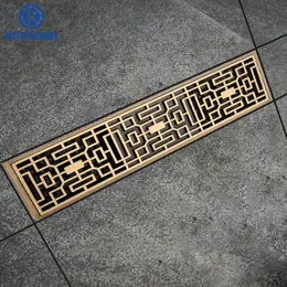 Drains 30cmx8cm Rectangle Brass Antique Brushed Carvd Bathroom Kitchen Shower Room Porch Waste Strainer Floor 230406