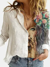 Women's Blouses Shirts Loose vintage digital portrait print women's shirt casual button cardigan autumn style women's shirt Ropea De Mujer 230406