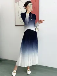 Vestidos de trabalho Miyake gradiente cor elegante plissado 2 peças conjunto para mulheres gola alta manga comprida slim tops hihg wiast saias ternos femininos