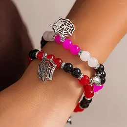 Link Bracelets KunJoe 2pcs/set Gothic Spider Web Pendant Magnetic Heart Bracelet For Women Men Punk Colored Glass Beaded Set Halloween