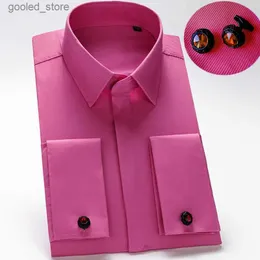 メンズカジュアルシャツメンズフランスのカフドレスシャツ覆われたボタン長袖男性ビジネスフォーマルシャツロイヤルブルーウェディングパーティーカフリンクスタキシードQ231106