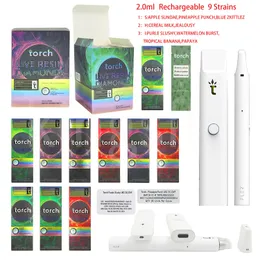 Tocha 2.0ml Live Resin Diamond Descartável E-cigarettes Vape Pen Uma bateria de qualidade recarregável 9 cepas Carrinhos vazios com embalagens