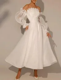 Bruddusch liten vit bröllopsklänning 2024 fotled längd a-line långärmad axelbandslös organza brudklänningar vestidos de novia