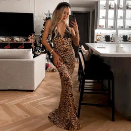Casual klänningar zoctuo leopard tryck sexig y2k kläder ärmlös rygglös v-ringning bodycon maxi för kvinnor klubb semester streetwear outfit