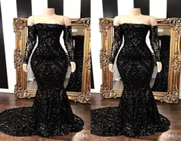 Luxury Black Off The Shoulder Sequins Mermaid Long Prom Dresses 2020 Long Sleeves Floor Length Formal Party Celebrity Dresses BC144066043