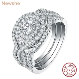 Solitaire Ring She 3pcs 925 Anéis de casamento de prata esterlina Conjunto para mulheres CZ simulado anel de noivado de noiva de diamante Jóias de luxo 230404