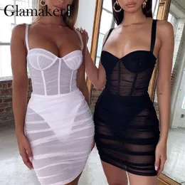 Glamaker شفافة بيضاء الجسم نساء مثير شبكة شبكة أسود قصيرة النادي الأنيقة الصيف الحفلات ليلا فستان فيستا 2104142312