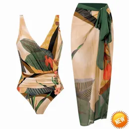 Vintage Women Flora Print Bikini Sets Spódnica Swimsuit Seksowna asymetryczna jednoczęściowa stroje kąpielowe Kobieta na plaży garnitury kąpielowe