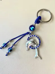 Брелки для ключей Ремешки L Luckboostium Jum Дельфин в синем кристалле с бусинами от сглаза Кольцо для ключей и кисточка Знак защиты Подходит для Amdxk
