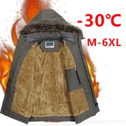 Parkas homens jaqueta de inverno algodão acolchoado casaco quente militar com capuz lã grosso longo outwear negócios blusão casaco 6xl