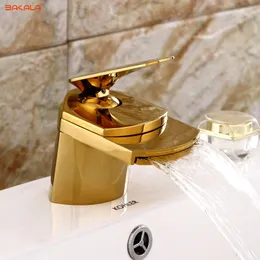 Bathroom Sink Faucets BAKALA All Brass GoldenChrome FinishedNickle Brushed Taps Deck Mounted Basin waterfall Faucet Mixer Tap LH8031 230406