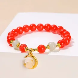 Natural Red Chalcedony Moon Rabbit Pendant Lovely Armband Women Fashion Chinese Zodiac Rabbit flätad födelsedagsmycken gåva