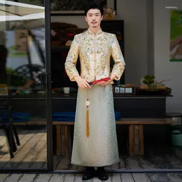 Ethnic Clothing Yourqipao Champagne Men's Xiuhe 2023 Gold Chinese Tang Suit Male Wedding Dress Groom Reception Sets Toast Clothes