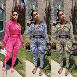 Designer tarcksuit kvinnor casual sweatsuit 2023 Autumn Winter Two Piece Set Clothing Elastic Knit Printied Long Sleeve Sexig Deep Neck Crop Top and Pants Suit