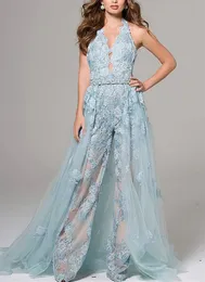 Women Lace Jumpsuits Prom Dresses With Detachable Train Sleeveless Halter Neck Backless Sexy Formal Evening Gowns Light Blue Bride Reception Elopement Wear