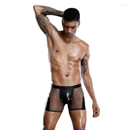 Underpants Men Mesh Hollow Out Underwear Sex U Boxer Shorts Imitation Leather Lingerie Clothing Stage Clubwear