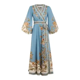 Abiti lunghi da donna blu floreali con motivi cachemire Abiti vintage firmati con maniche a sbuffo per le vacanze con scollo a V e cintura con fiocco laterale 2023 Primavera Autunno Abiti eleganti da passerella per feste