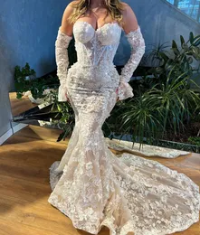 Elegant Mermaid Evening Dresses Long Sleeves V Neck Strapless Beaded Appliques Sequins Lace Flowers Floor Length Prom Dress Formal Gown Plus Size Gowns Party Dress